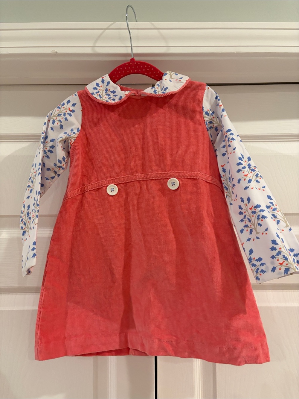 The Beaufort Bonnet Company Coral Corduroy Pinafore with Floral Shirt